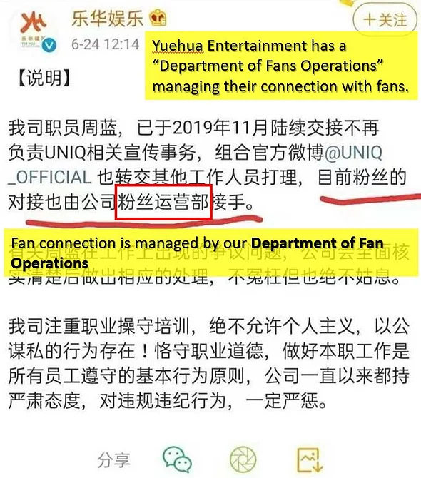 xiao zhan 227 wang yibo's company yue hua indicating they have a fan operation department